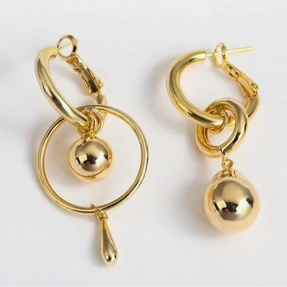Gold Plated Mismatched Metal Ball Dangle Drop Earrings - Picture 5 of 10